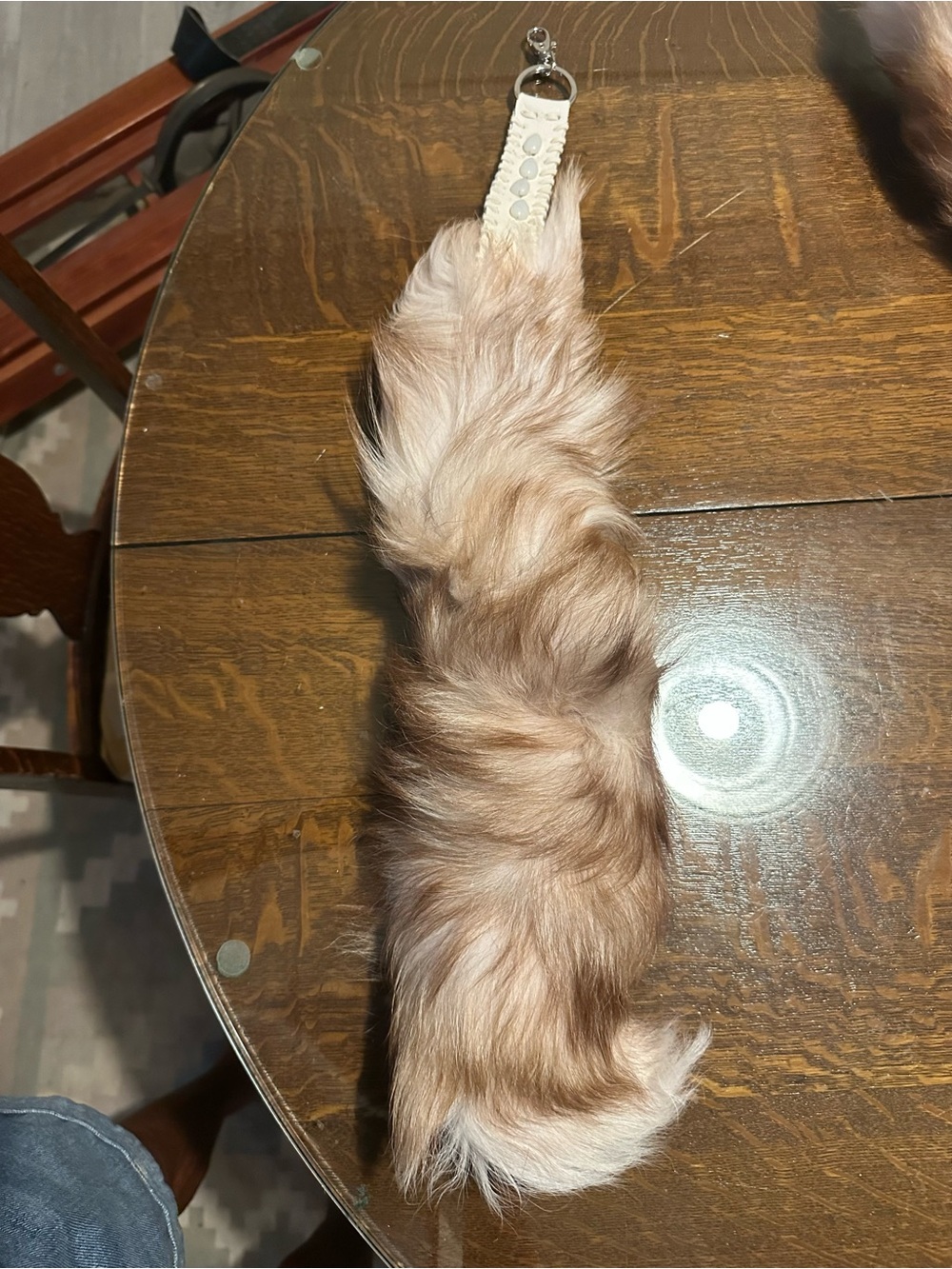 Hand Crafted Plush Red Fox Fur Key with white elk skin accented with opal beads